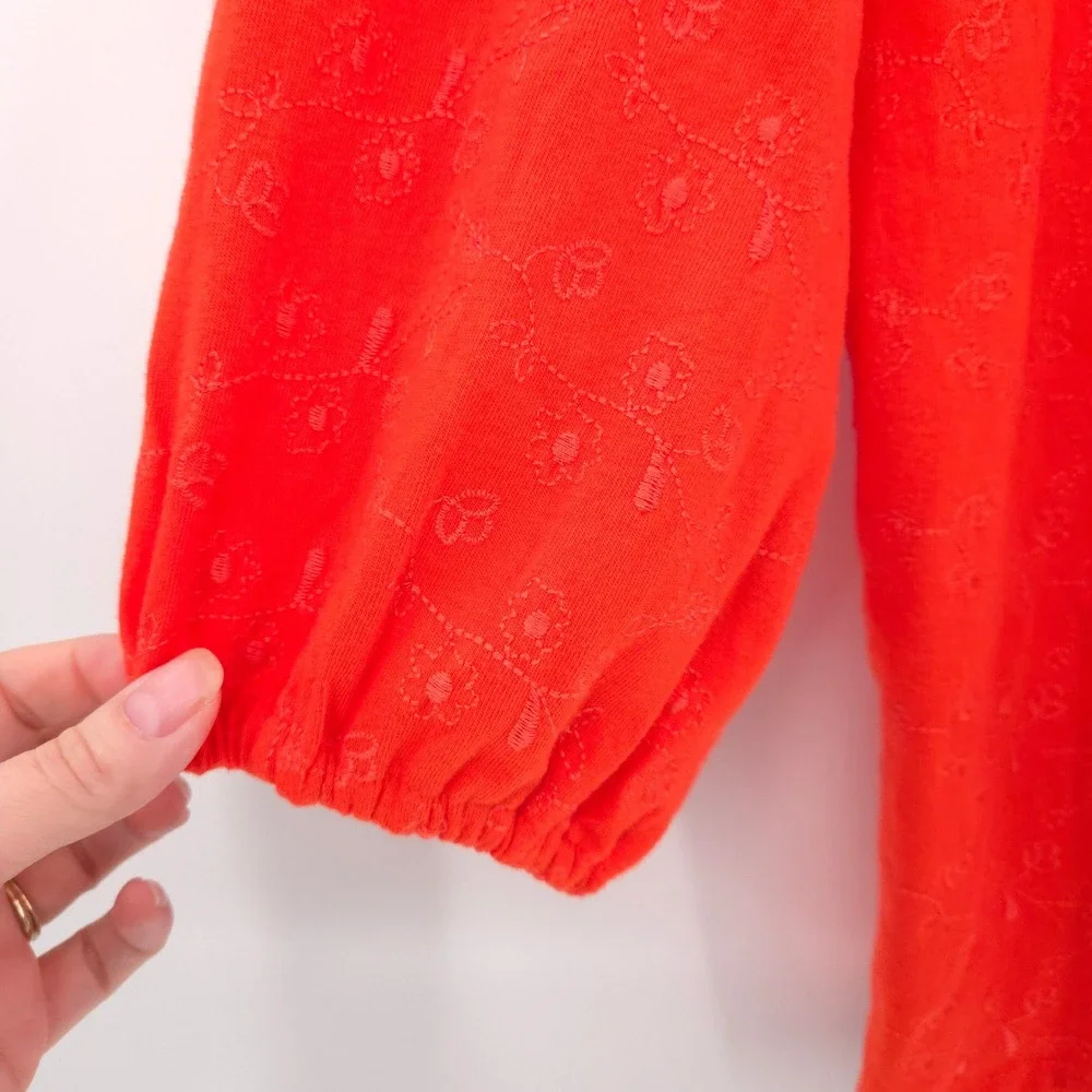 J.Crew Peasant Blouse Women‎ XL Orange Embroidered Tassel Tie Boho Cotton Top